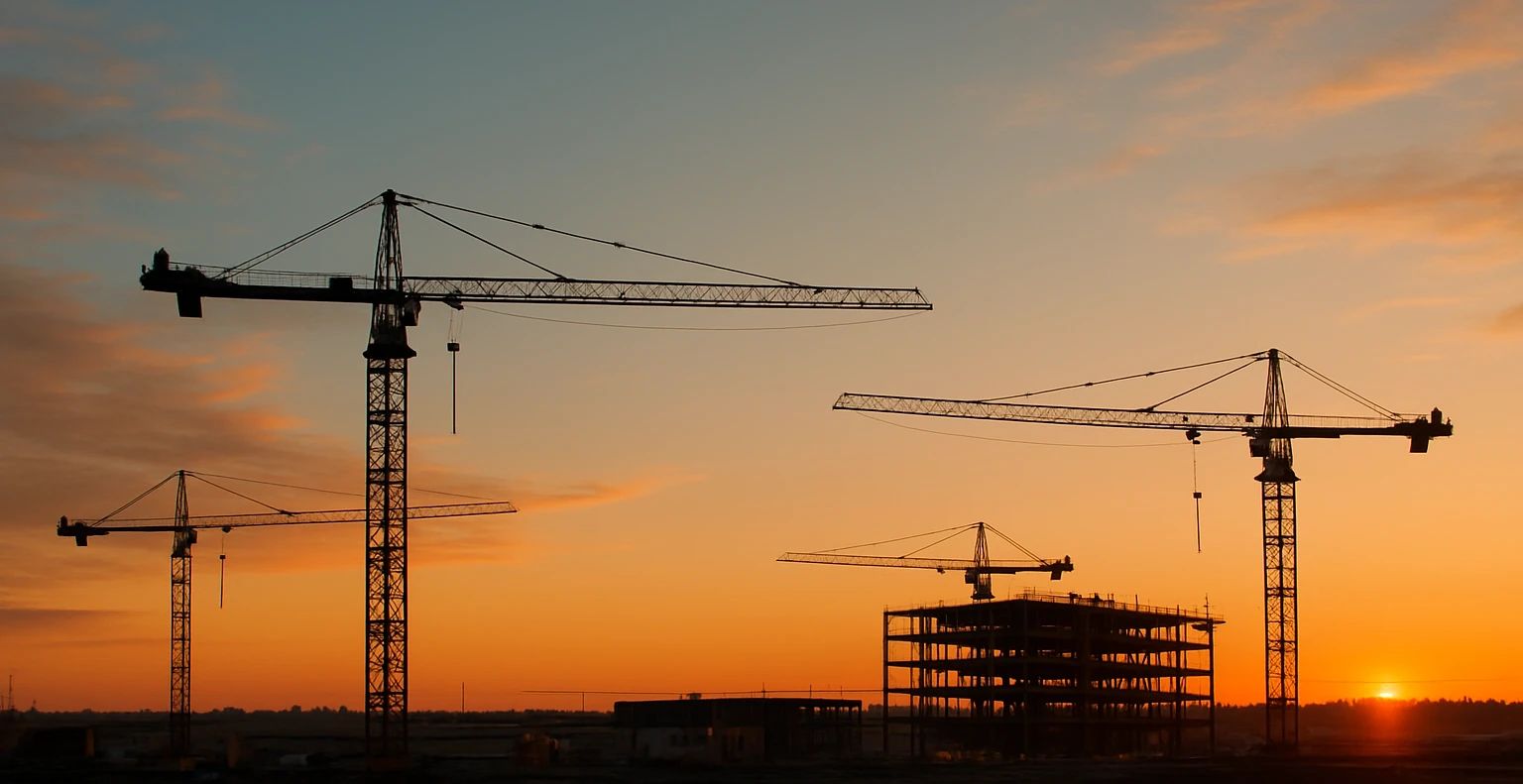 Tower cranes against a golden sunrise on an Alberta construction site